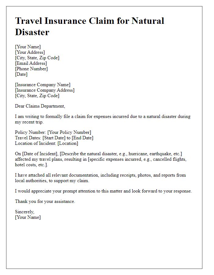 Letter template of travel insurance claim for natural disaster-related expenses