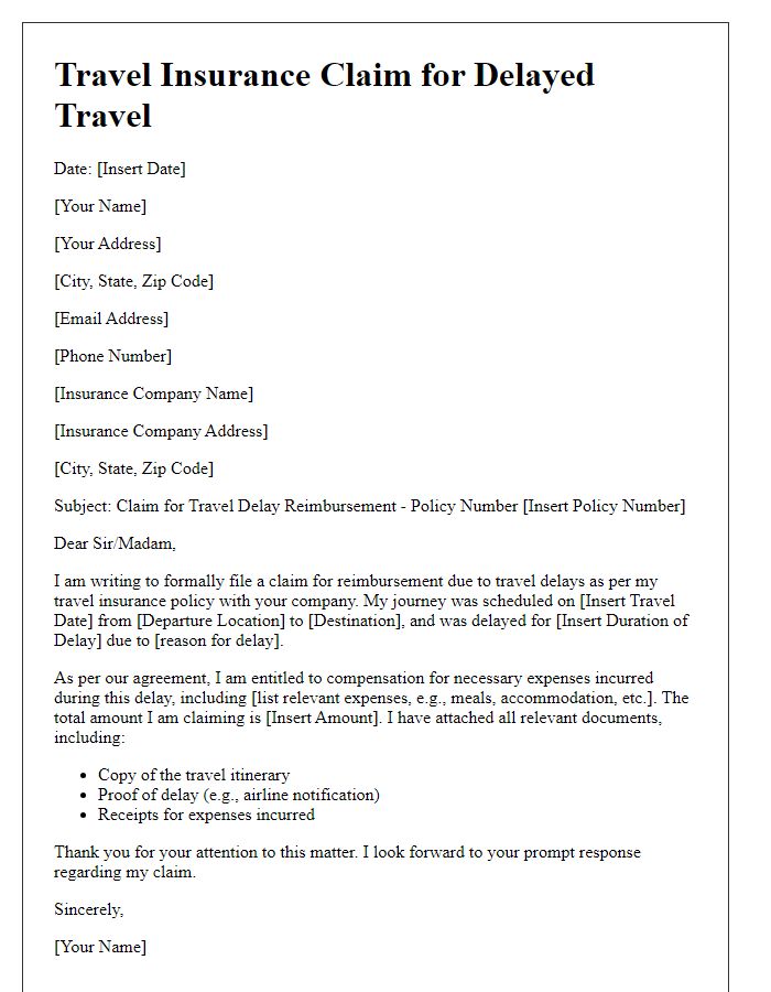 Letter template of travel insurance claim for travel delays reimbursement