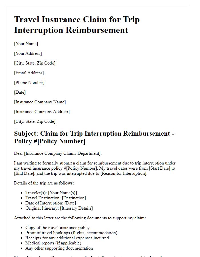 Letter template of travel insurance claim for trip interruption reimbursement