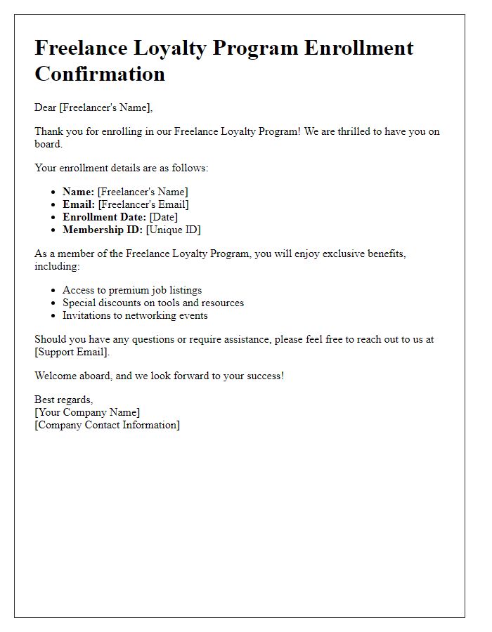 Letter template of Freelance Loyalty Program Enrollment Confirmation