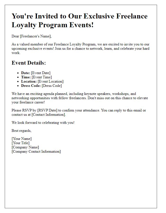 Letter template of Freelance Loyalty Program Exclusive Events Invitation