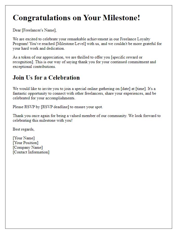 Letter template of Freelance Loyalty Program Milestone Celebration