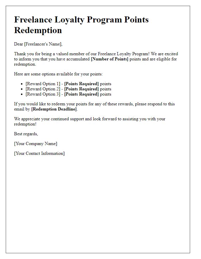 Letter template of Freelance Loyalty Program Points Redemption