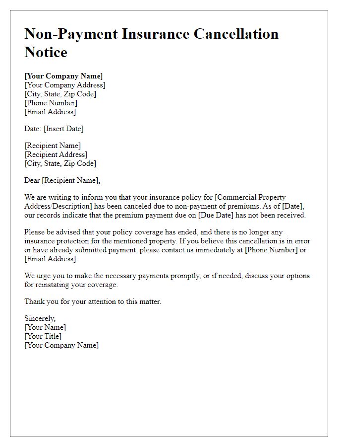 Letter template of Non-Payment Insurance Cancellation Notice for Commercial Properties