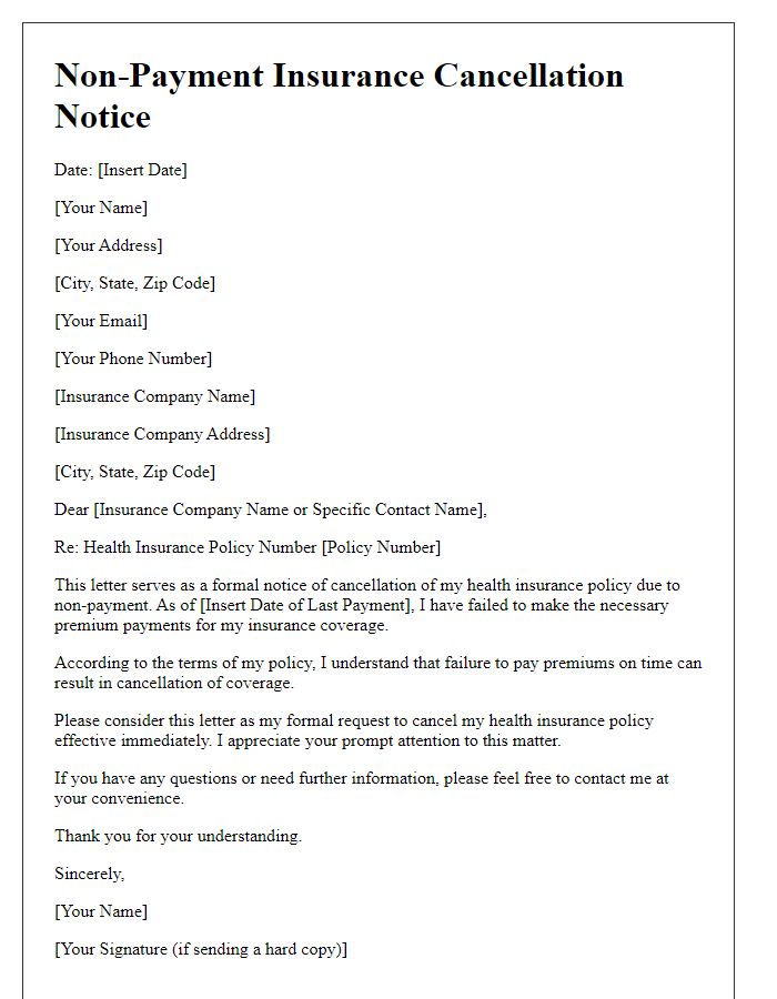 Letter template of Non-Payment Insurance Cancellation Notice for Health Insurance