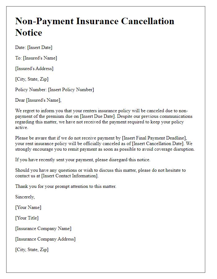 Letter template of Non-Payment Insurance Cancellation Notice for Renters Insurance