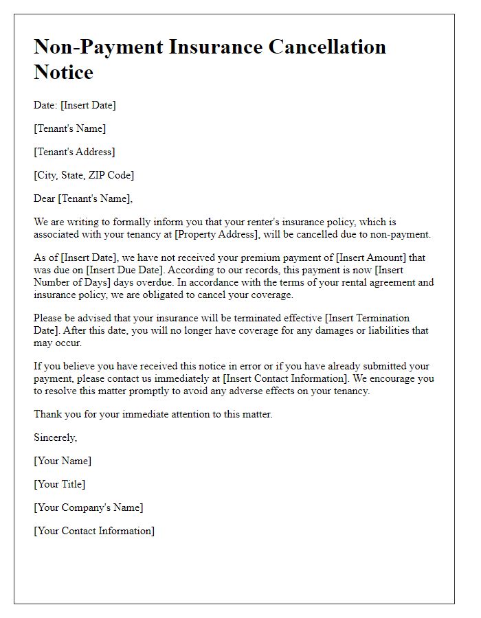 Letter template of Non-Payment Insurance Cancellation Notice for Tenants