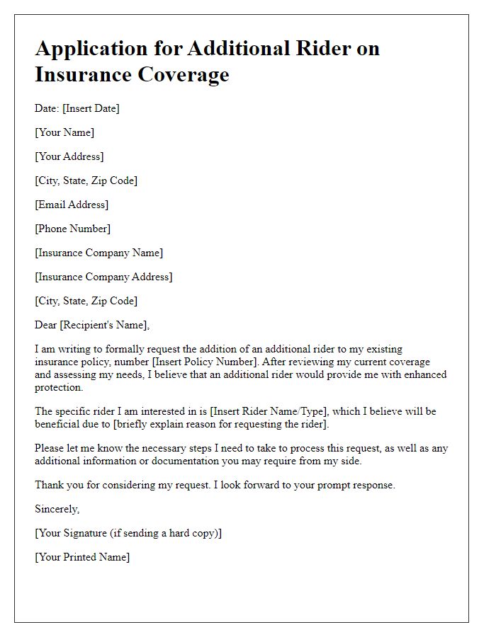 Letter template of Application for Additional Rider on Insurance Coverage