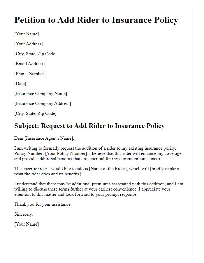 Letter template of Petition to Add Rider to Insurance Policy