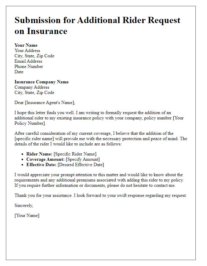 Letter template of Submission for Additional Rider Request on Insurance