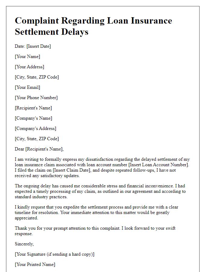 Letter template of complaint regarding loan insurance settlement delays