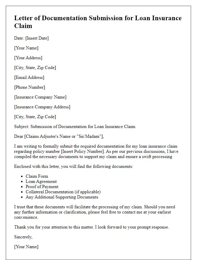 Letter template of documentation submission for loan insurance claim