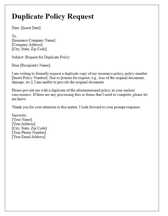 Letter template of duplicate policy request for exchange processes.