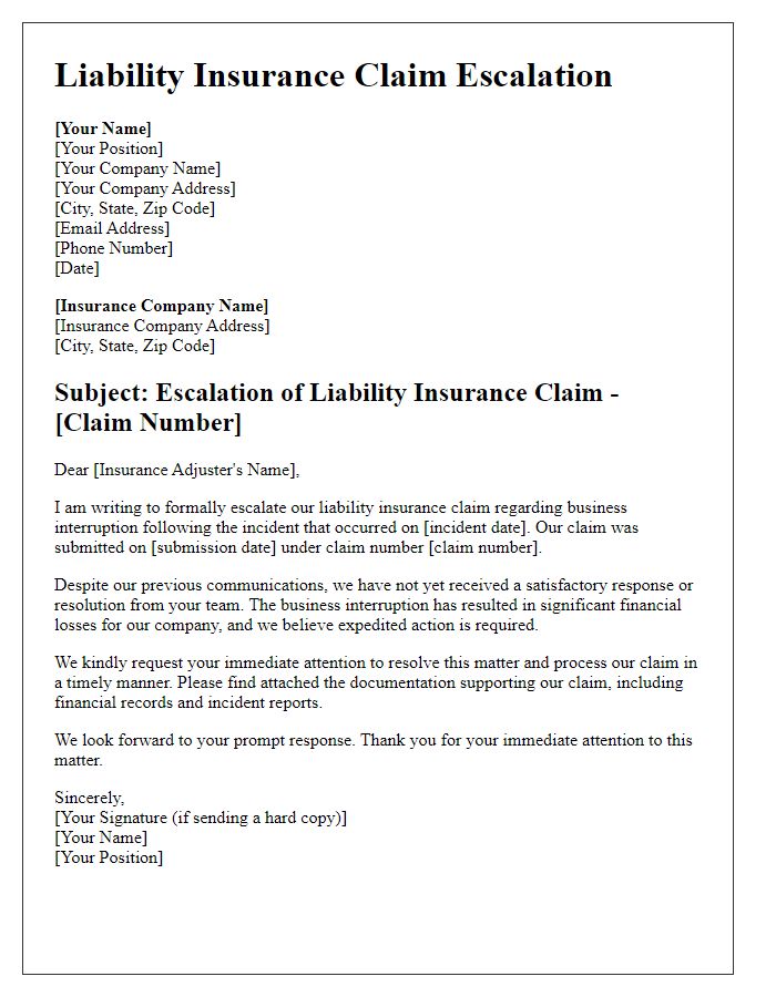 Letter template of liability insurance claim escalation for business interruption.