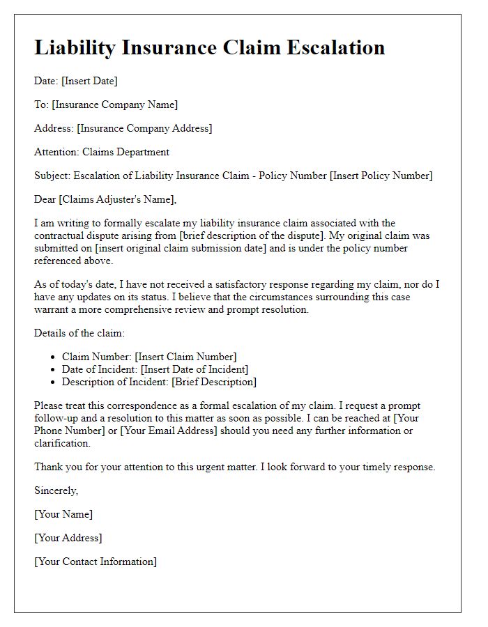 Letter template of liability insurance claim escalation for contractual disputes.