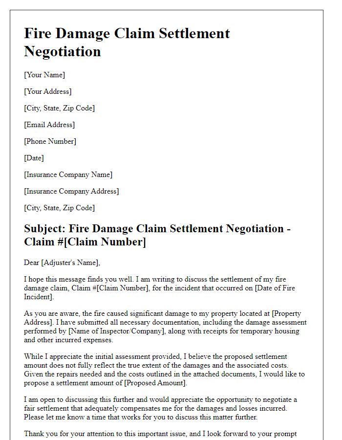 Letter template of fire damage claim settlement negotiation