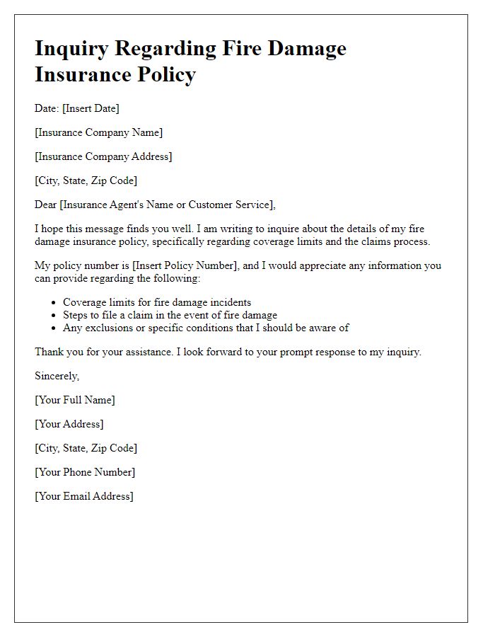 Letter template of fire damage insurance policy inquiry