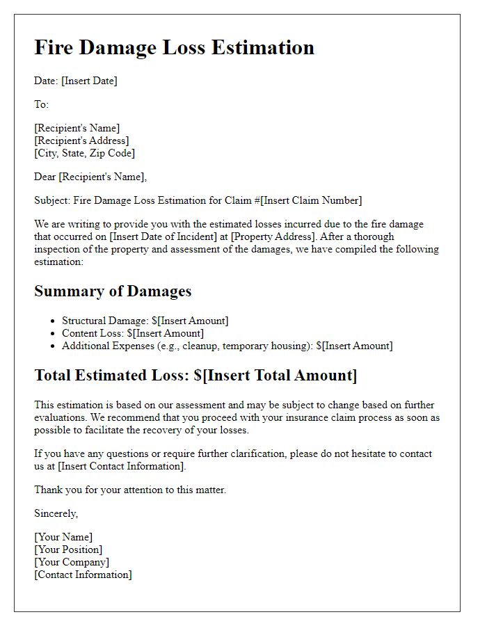 Letter template of fire damage loss estimation