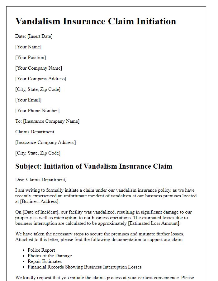 Letter template of vandalism insurance claim initiation for business interruption losses.