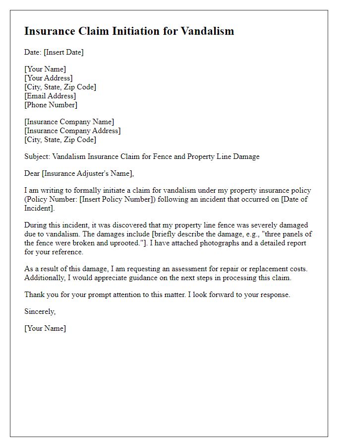 Letter template of vandalism insurance claim initiation for fence and property line damage.