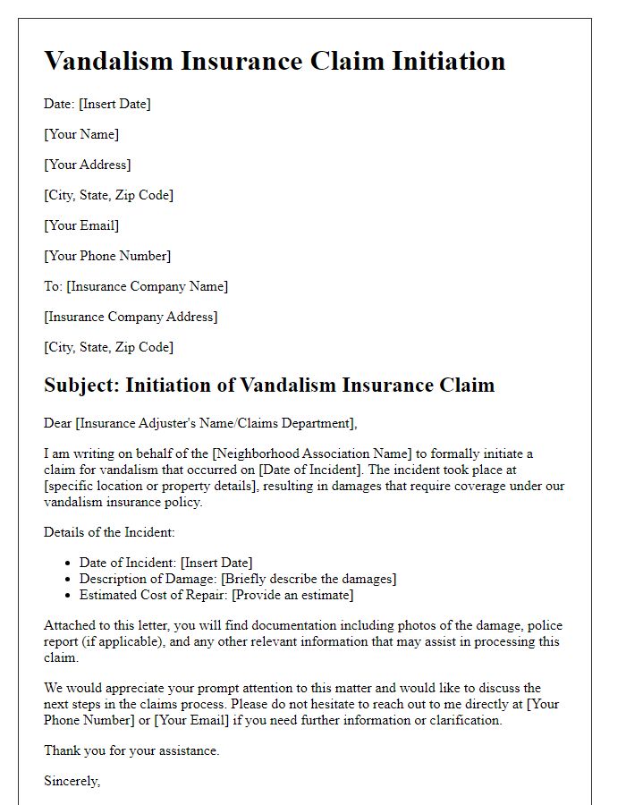 Letter template of vandalism insurance claim initiation for neighborhood associations.