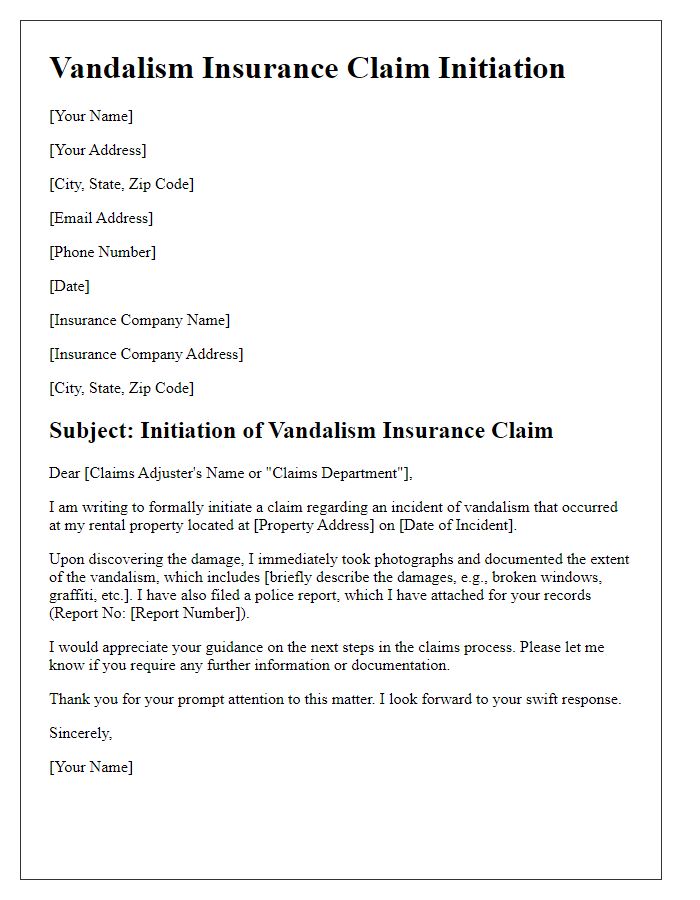 Letter template of vandalism insurance claim initiation for rental properties.