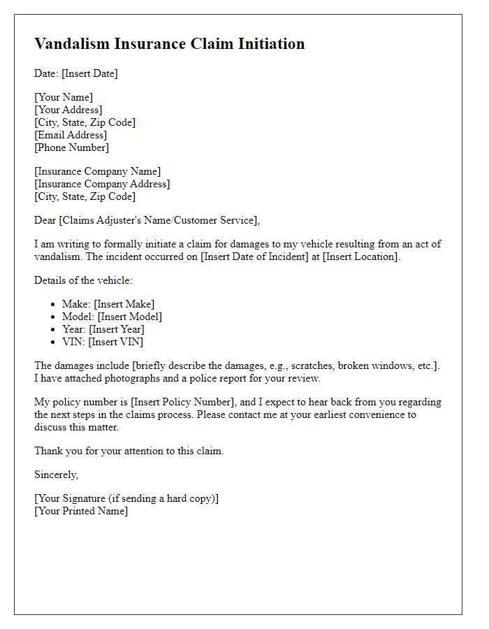 Letter template of vandalism insurance claim initiation for vehicle damage.