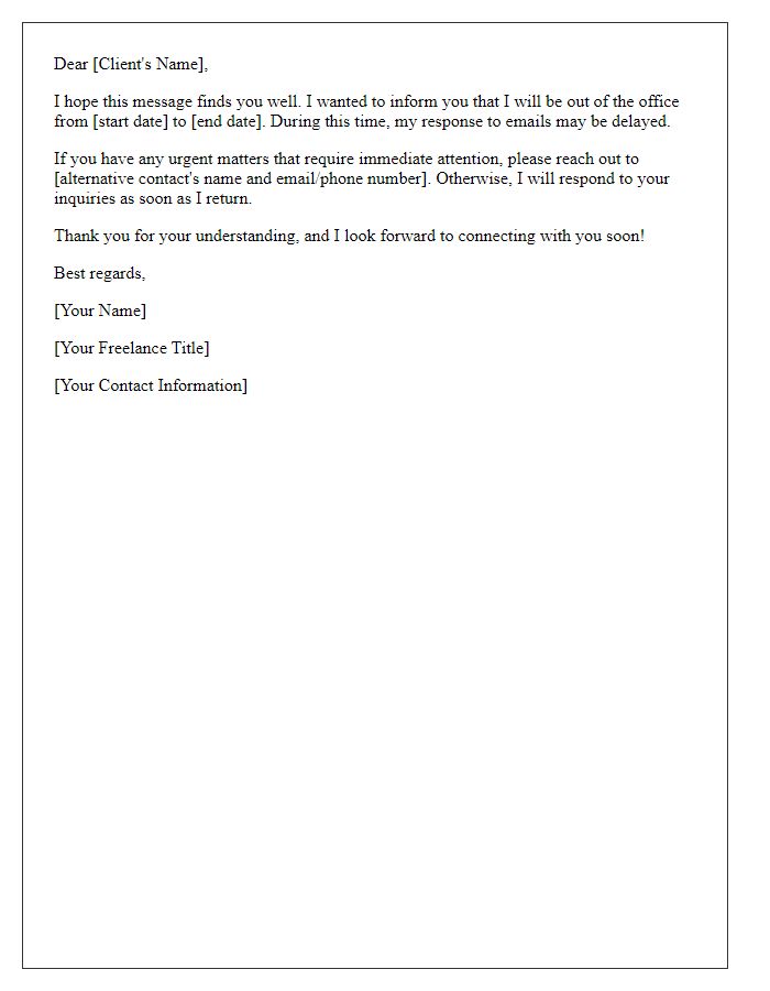 Letter template of freelance out-of-office update for clients.