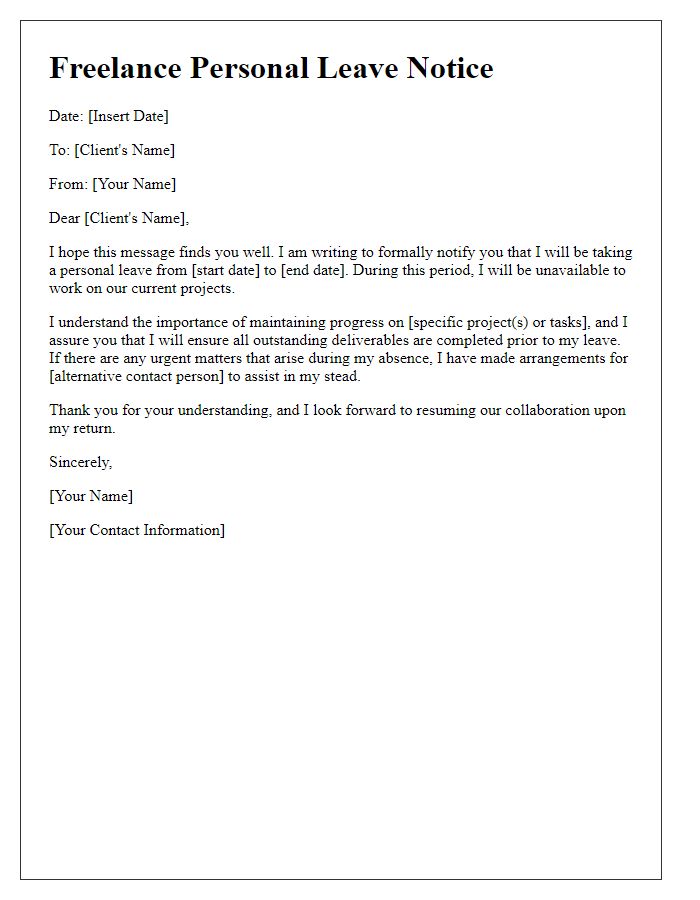 Letter template of freelance personal leave notice for projects.