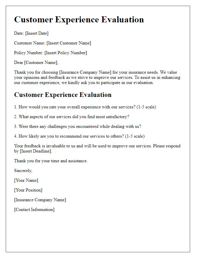 Letter template of customer experience evaluation for insurance