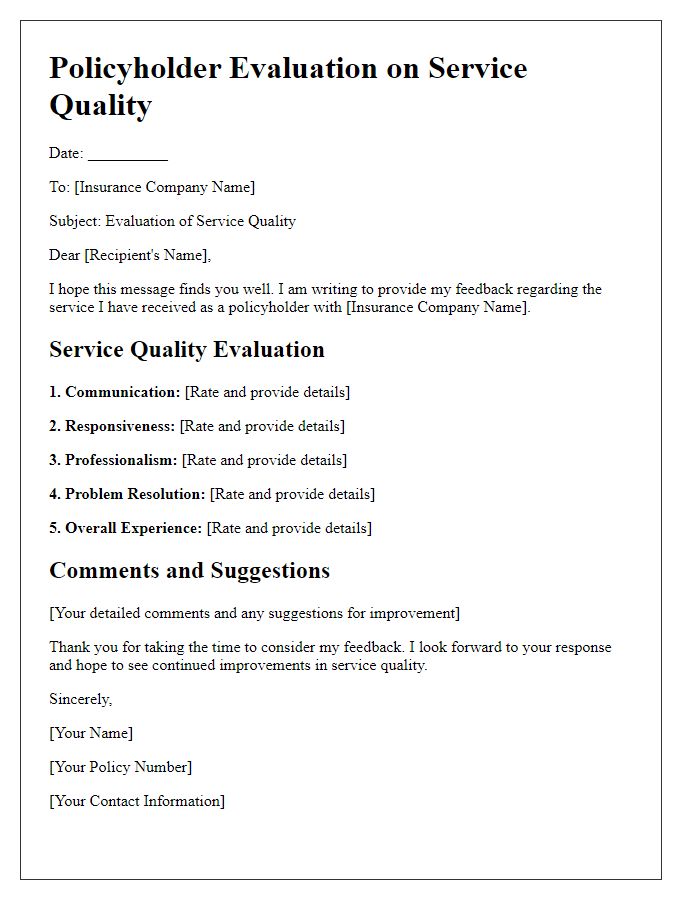 Letter template of policyholder evaluation on service quality