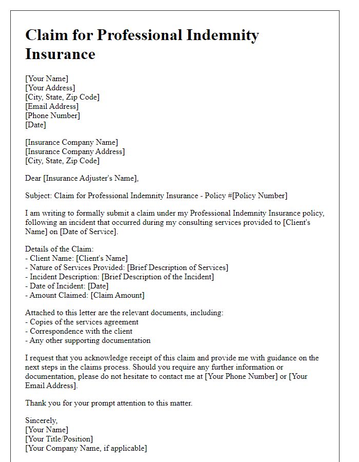 Letter template of professional indemnity insurance claim for consulting services.