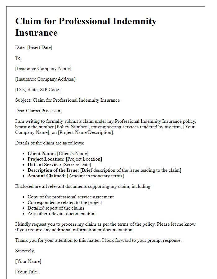 Letter template of professional indemnity insurance claim for engineering services.