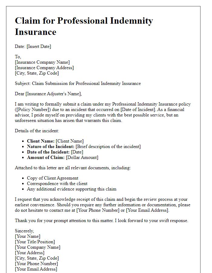 Letter template of professional indemnity insurance claim for financial advisors.