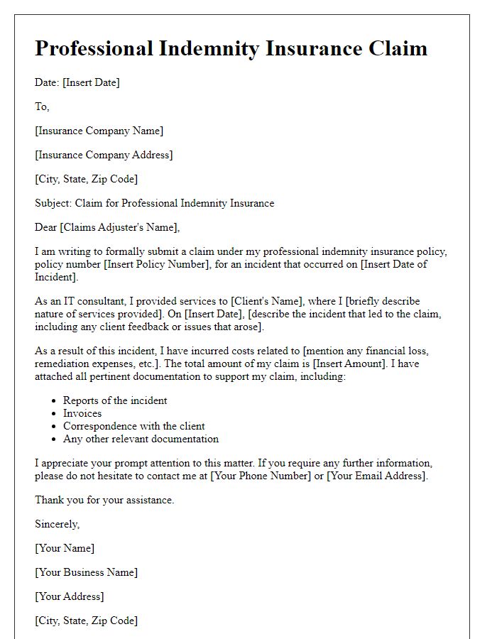 Letter template of professional indemnity insurance claim for IT consultants.