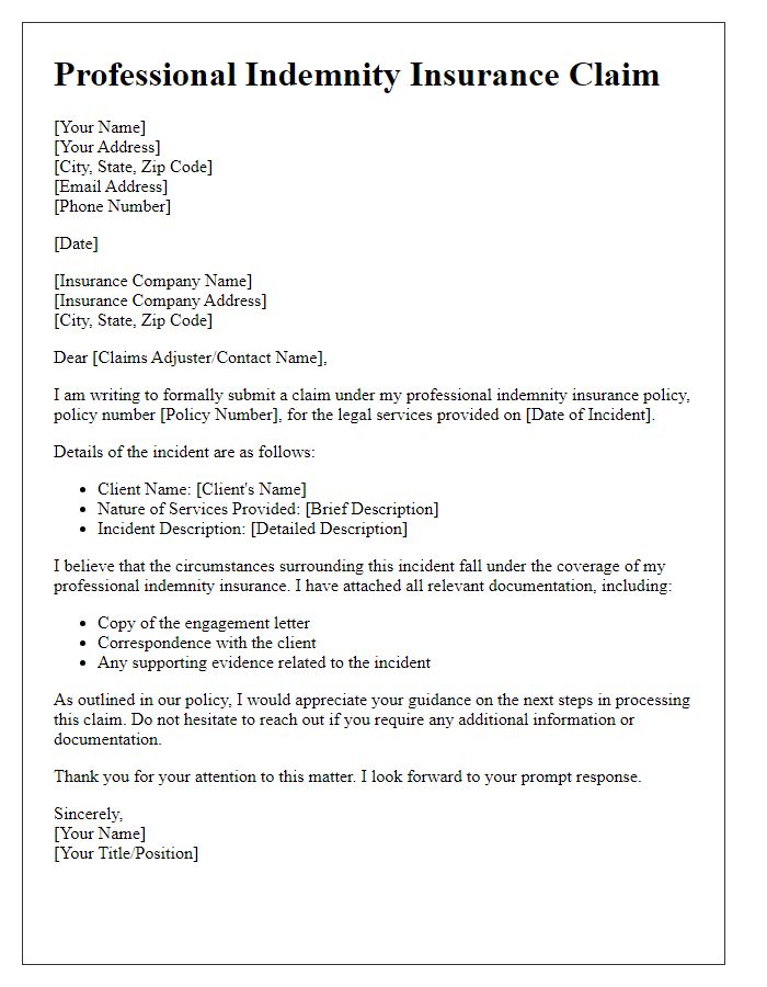 Letter template of professional indemnity insurance claim for legal services.