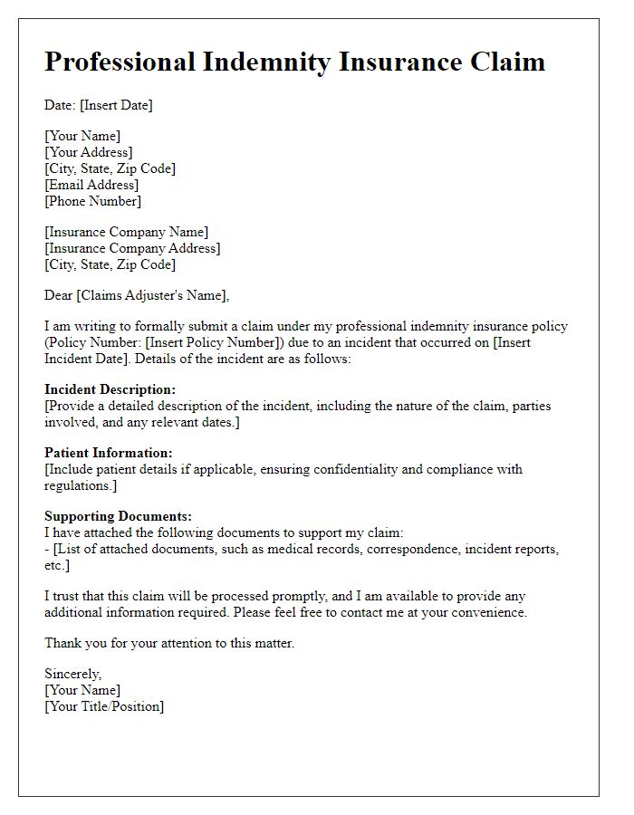 Letter template of professional indemnity insurance claim for medical professionals.