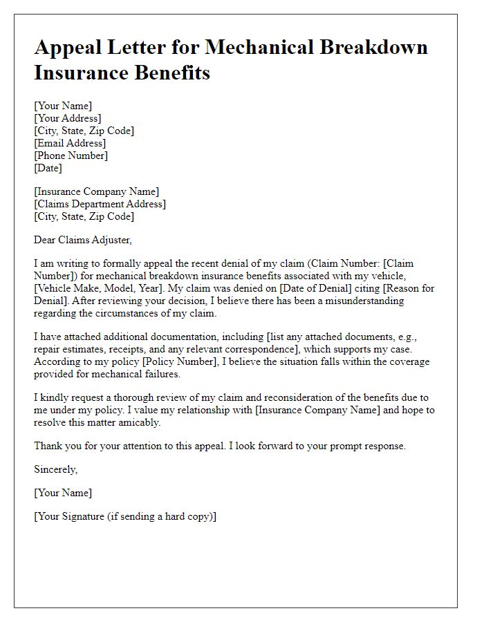 Letter template for mechanical breakdown insurance benefits appeal