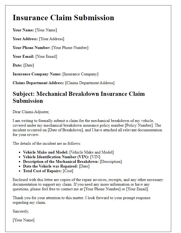 Letter template for mechanical breakdown insurance claim submission