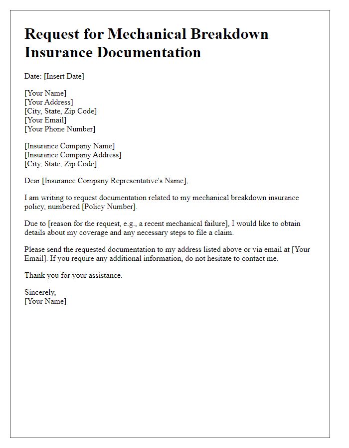 Letter template for mechanical breakdown insurance documentation request