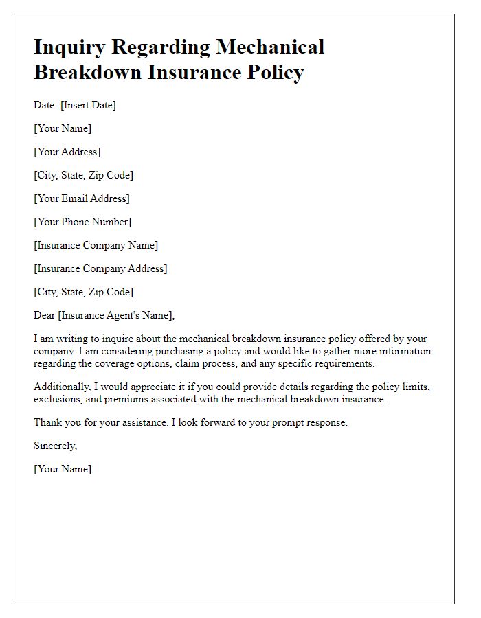 Letter template for mechanical breakdown insurance policy inquiry