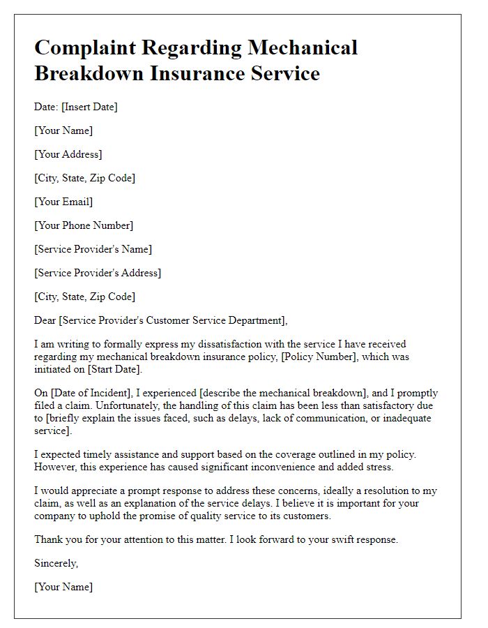 Letter template for mechanical breakdown insurance service provider complaint