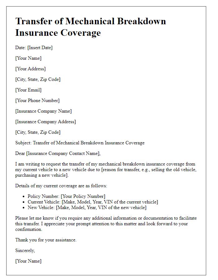 Letter template for mechanical breakdown insurance transfer of coverage