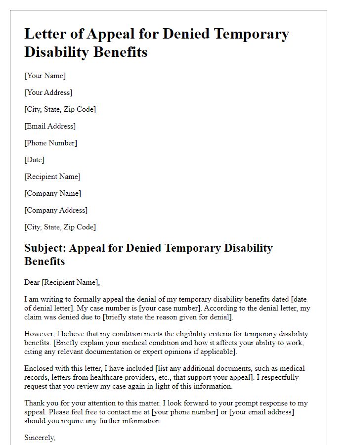 Letter template of appeal for denied temporary disability benefits.