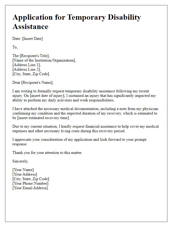 Letter template of application for temporary disability assistance following an injury.