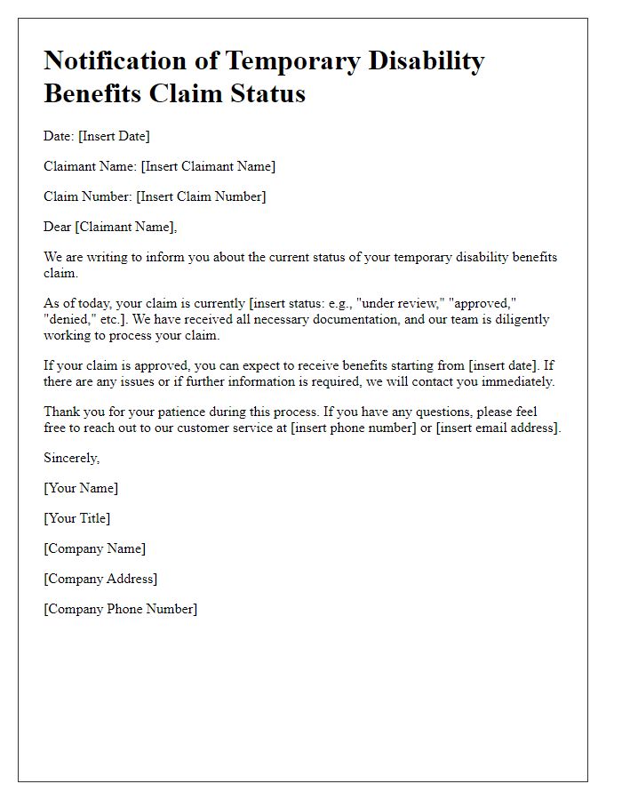 Letter template of notification for temporary disability benefits claim status.