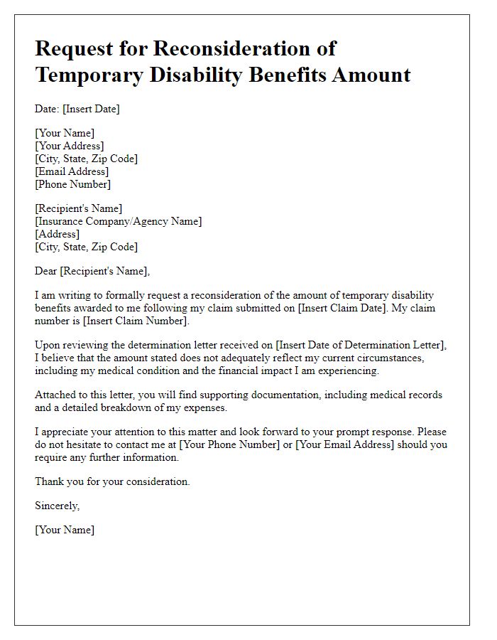 Letter template of request for reconsideration of temporary disability benefits amount.