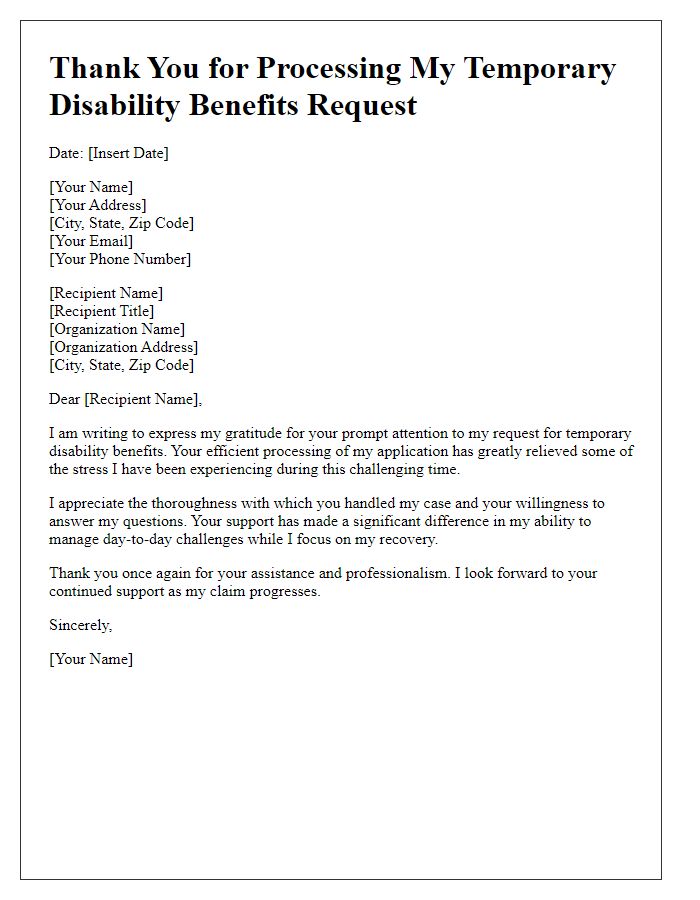 Letter template of thank you for processing temporary disability benefits request.