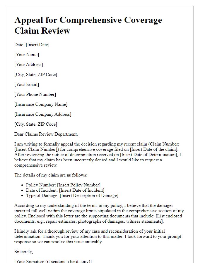 Letter template of appeal for comprehensive coverage claim review