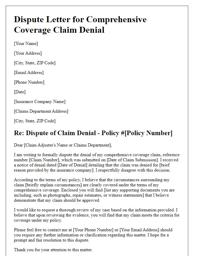 Letter template of dispute for comprehensive coverage claim denial